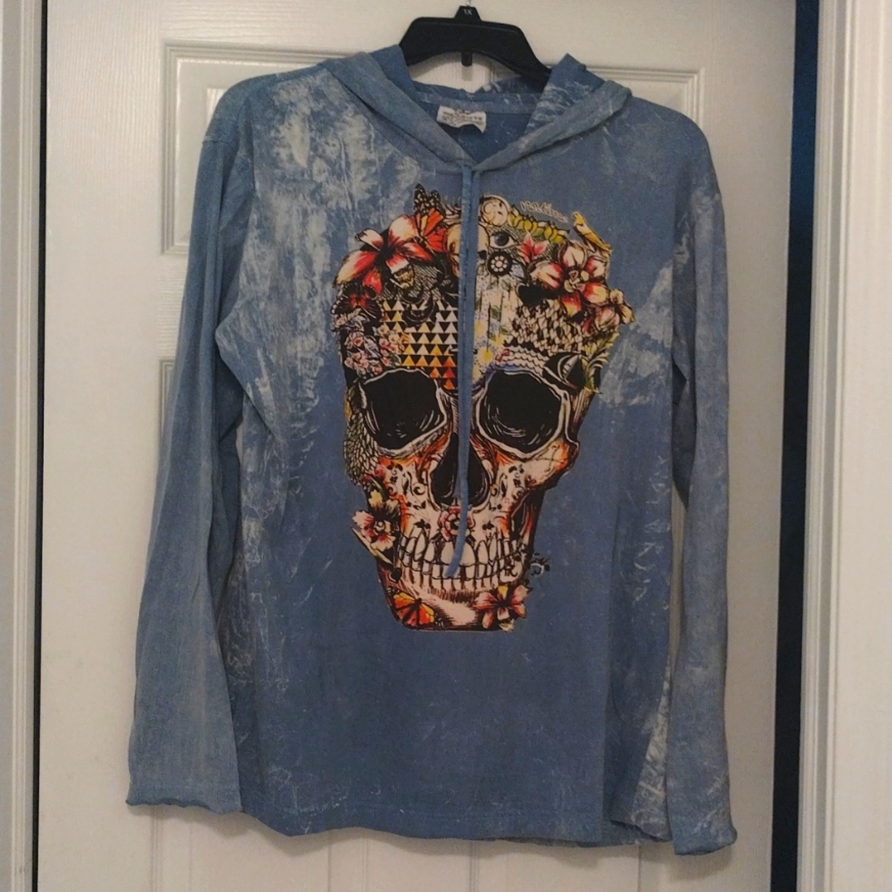 - No Time stonewashed skull graphic long sleeve hoodie t shirt